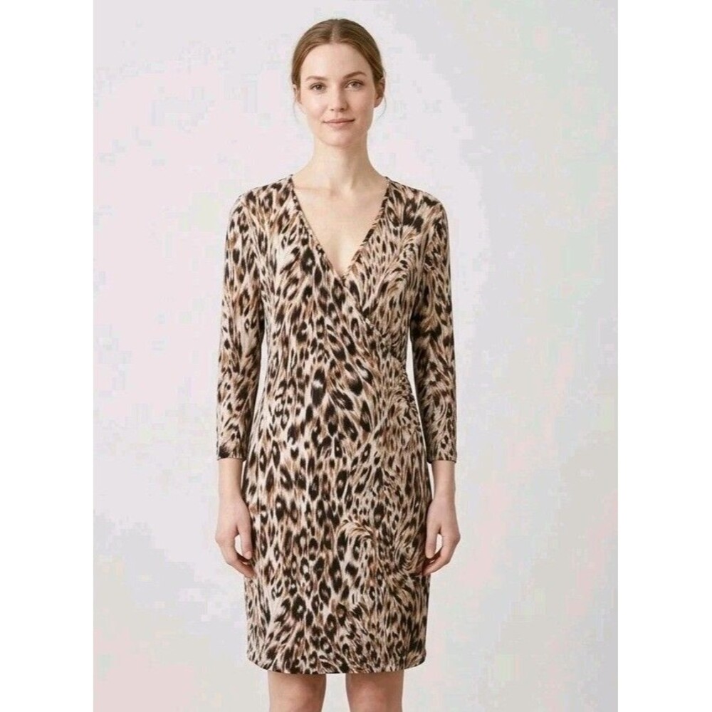 RobbieBee Womens Dress 12 Brown CHEETAH Faux Wrap 3/4 slv stretch Pullover VNECK